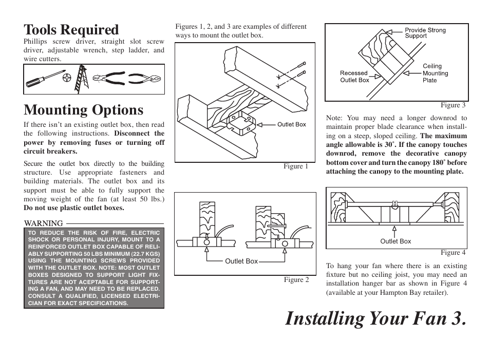 Installing your fan 3, Tools required, Mounting options | Hampton Direct Altura 68-ATR User Manual | Page 5 / 15