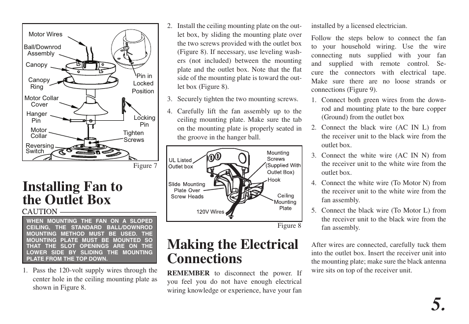 Making the electrical connections, Installing fan to the outlet box | Hampton Direct Altura 68-ATR User Manual | Page 7 / 15