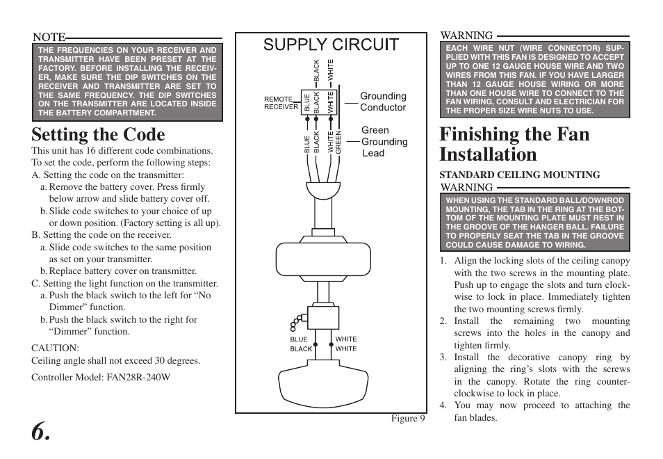 Finishing the fan installation, Setting the code | Hampton Direct Altura 68-ATR User Manual | Page 8 / 15