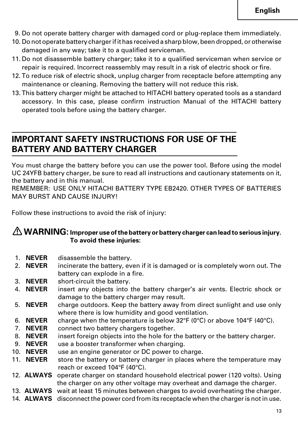 Warning | Hitachi C 7D User Manual | Page 13 / 92