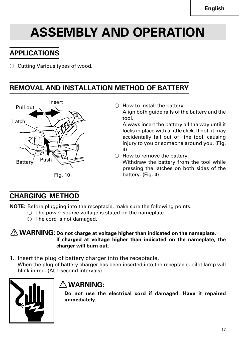 Assembly and operation, Applications, Removal and installation method of battery | Charging method, Warning | Hitachi C 7D User Manual | Page 17 / 92