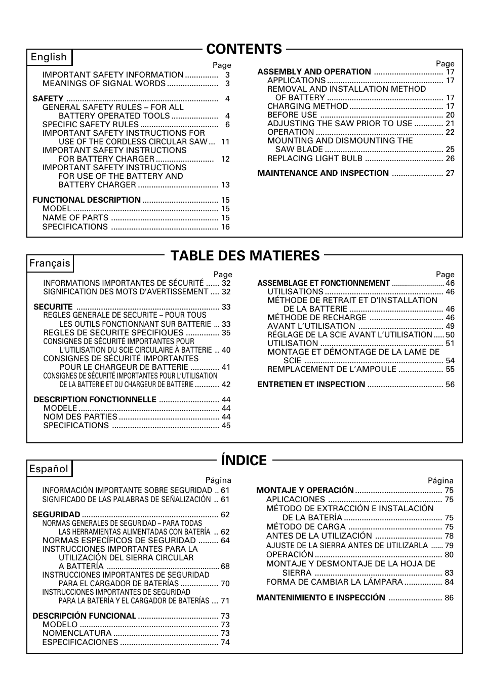 Contents table des matieres índice, English, Français español | Hitachi C 7D User Manual | Page 2 / 92