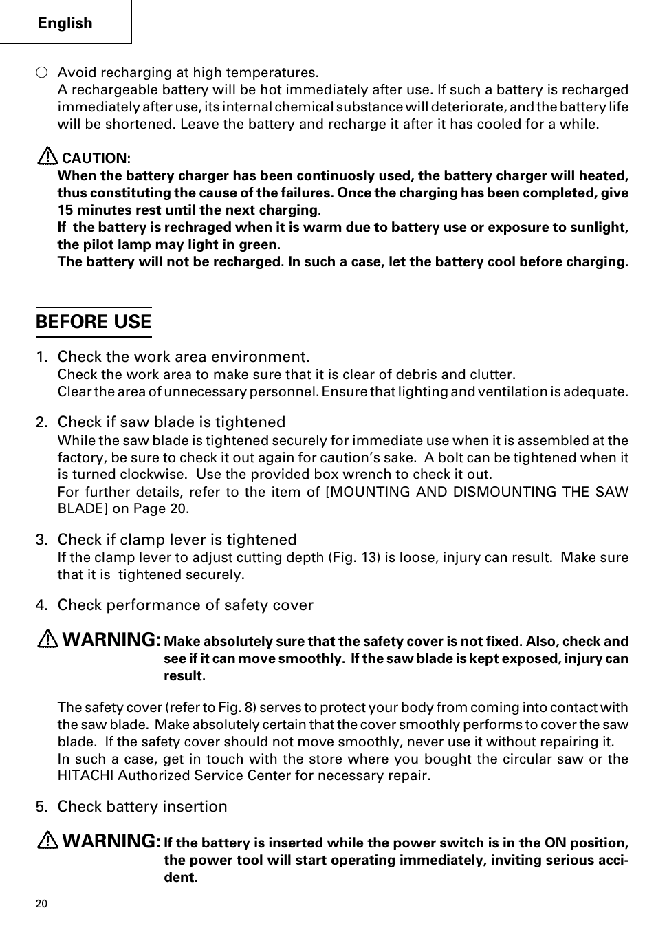 Before use, Warning | Hitachi C 7D User Manual | Page 20 / 92