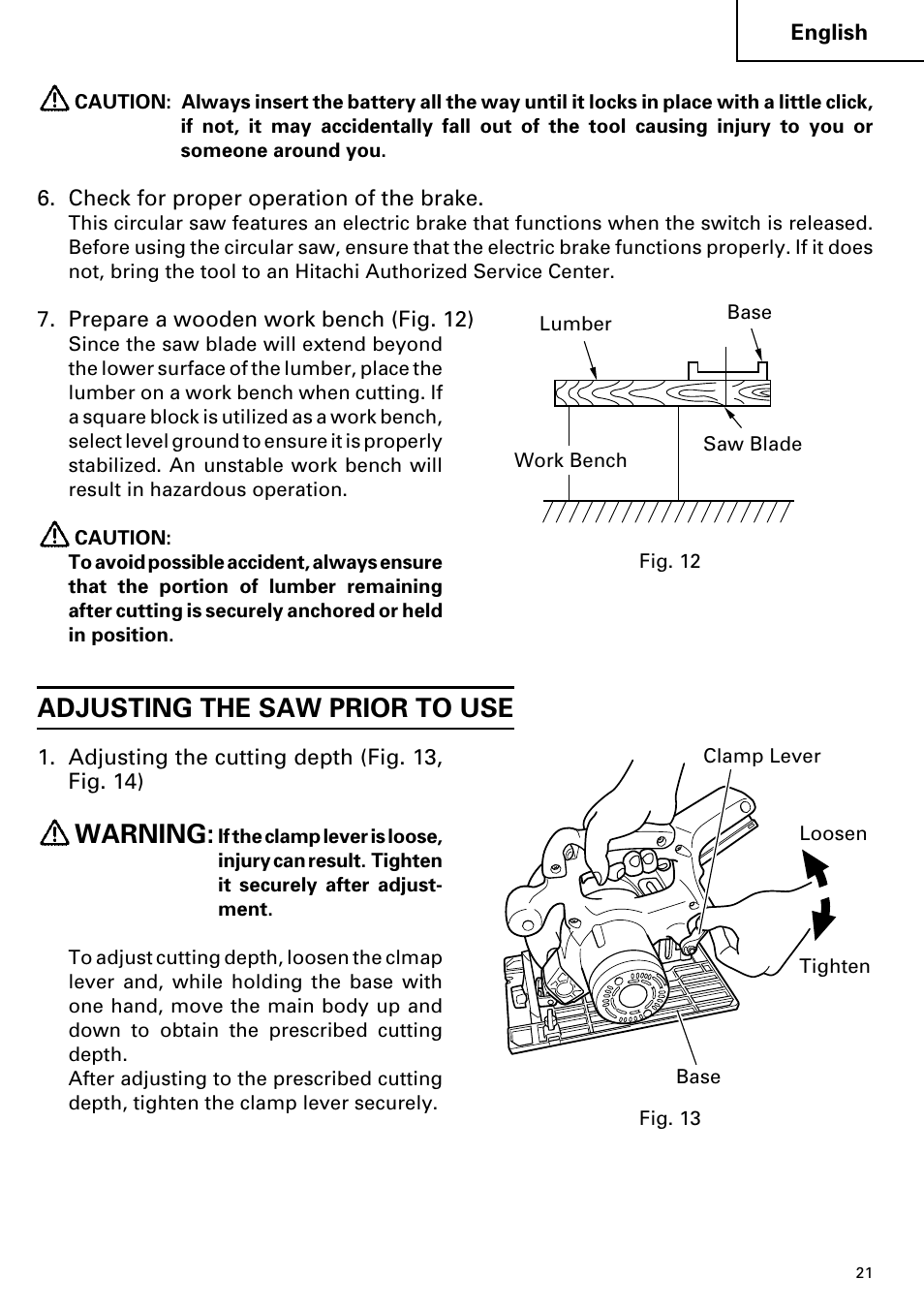 Adjusting the saw prior to use, Warning | Hitachi C 7D User Manual | Page 21 / 92