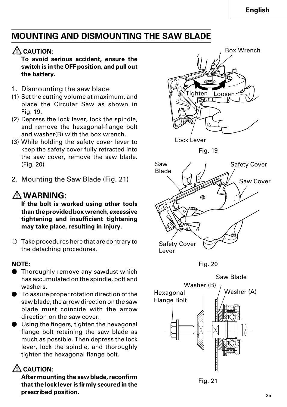 Mounting and dismounting the saw blade, Warning | Hitachi C 7D User Manual | Page 25 / 92
