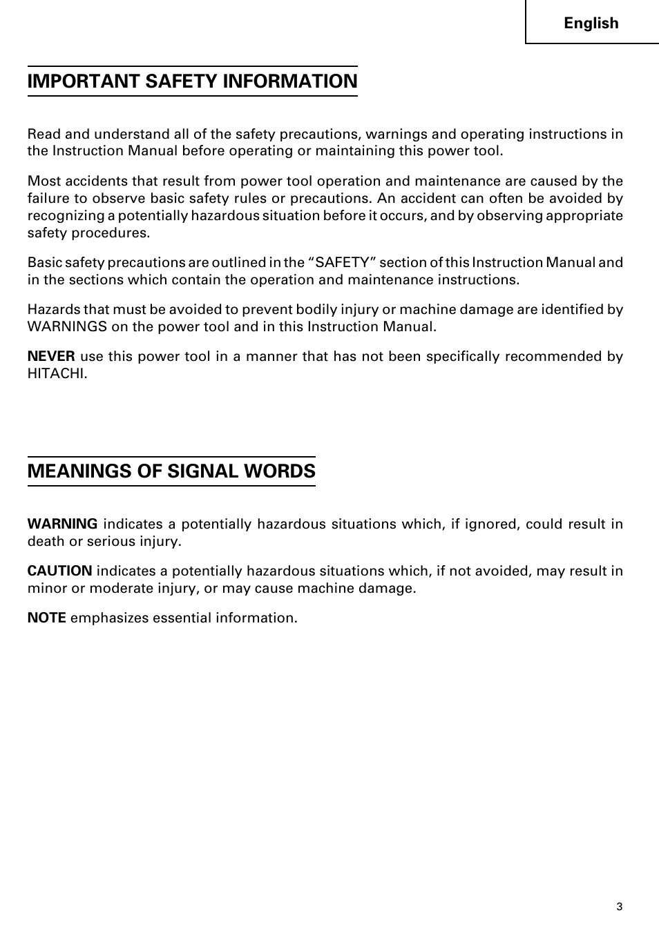 Important safety information, Meanings of signal words | Hitachi C 7D User Manual | Page 3 / 92