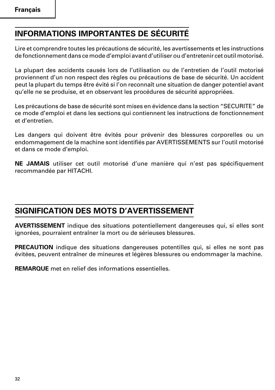 Informations importantes de sécurité, Signification des mots d’avertissement | Hitachi C 7D User Manual | Page 32 / 92