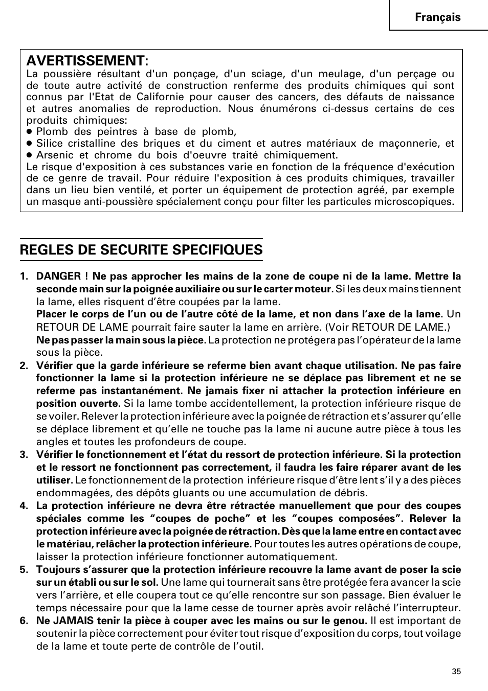 Regles de securite specifiques, Avertissement | Hitachi C 7D User Manual | Page 35 / 92