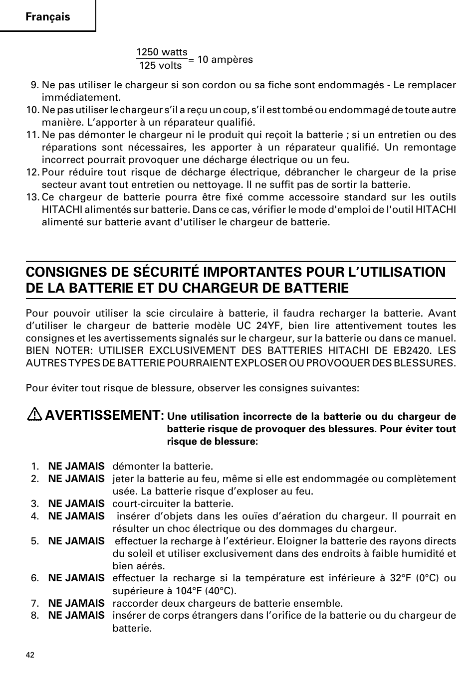 Avertissement | Hitachi C 7D User Manual | Page 42 / 92