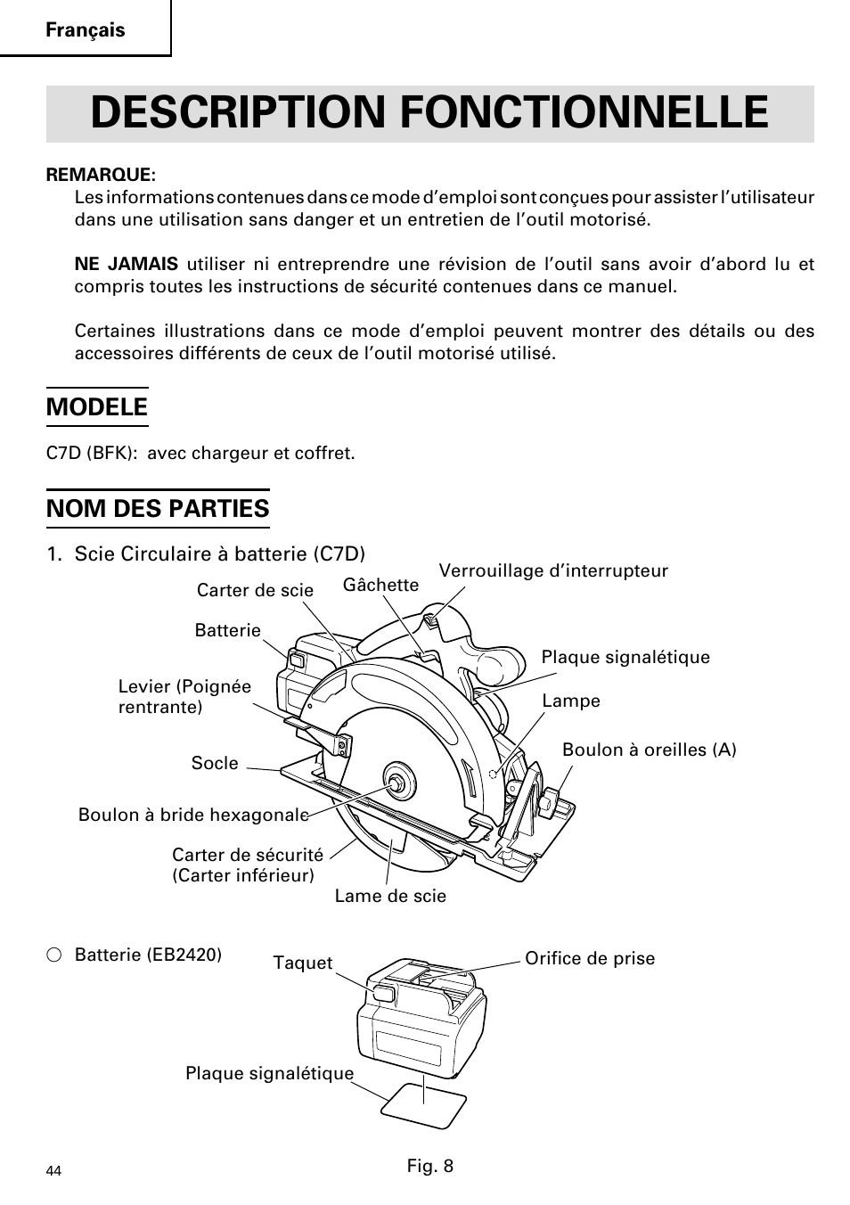 Description fonctionnelle, Modele, Nom des parties | Hitachi C 7D User Manual | Page 44 / 92