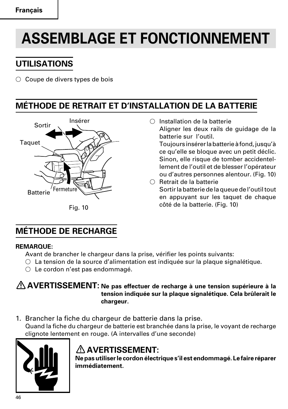 Assemblage et fonctionnement, Utilisations, Méthode de recharge | Avertissement | Hitachi C 7D User Manual | Page 46 / 92