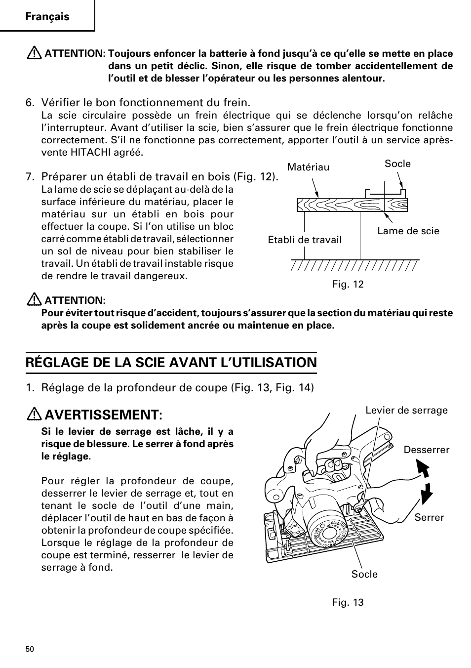 Réglage de la scie avant l’utilisation, Avertissement | Hitachi C 7D User Manual | Page 50 / 92