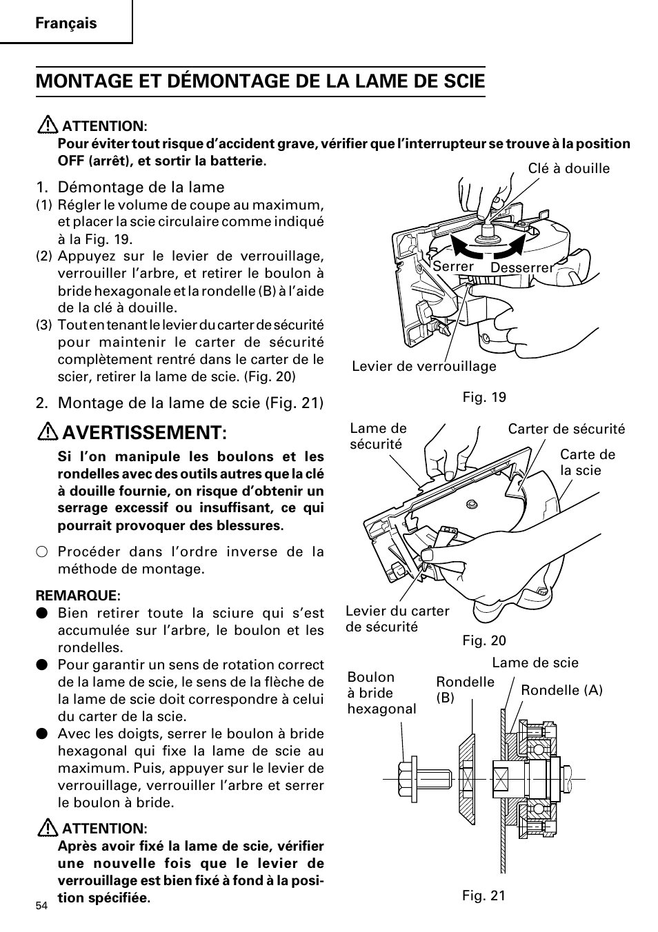 Montage et démontage de la lame de scie, Avertissement | Hitachi C 7D User Manual | Page 54 / 92