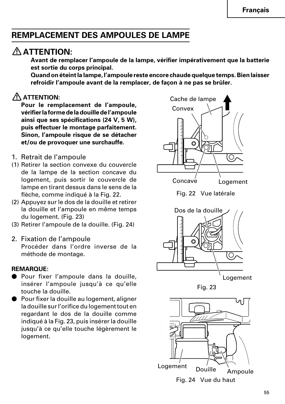 Remplacement des ampoules de lampe attention | Hitachi C 7D User Manual | Page 55 / 92