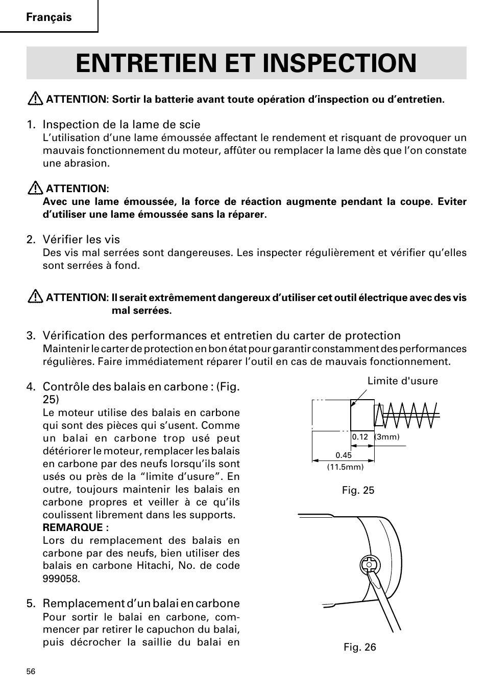 Entretien et inspection | Hitachi C 7D User Manual | Page 56 / 92