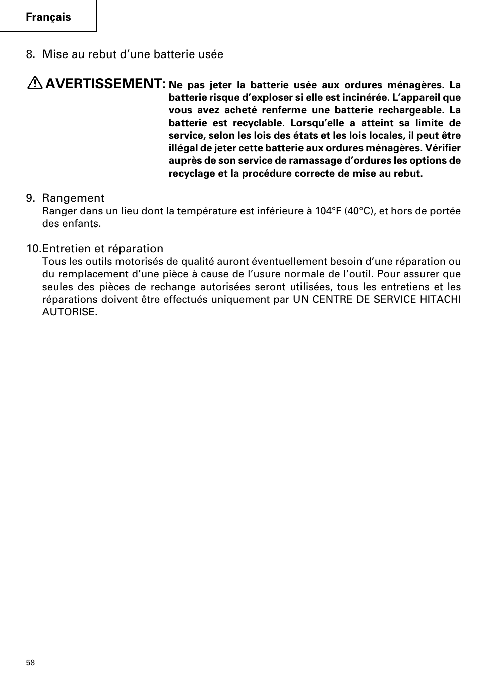 Avertissement | Hitachi C 7D User Manual | Page 58 / 92