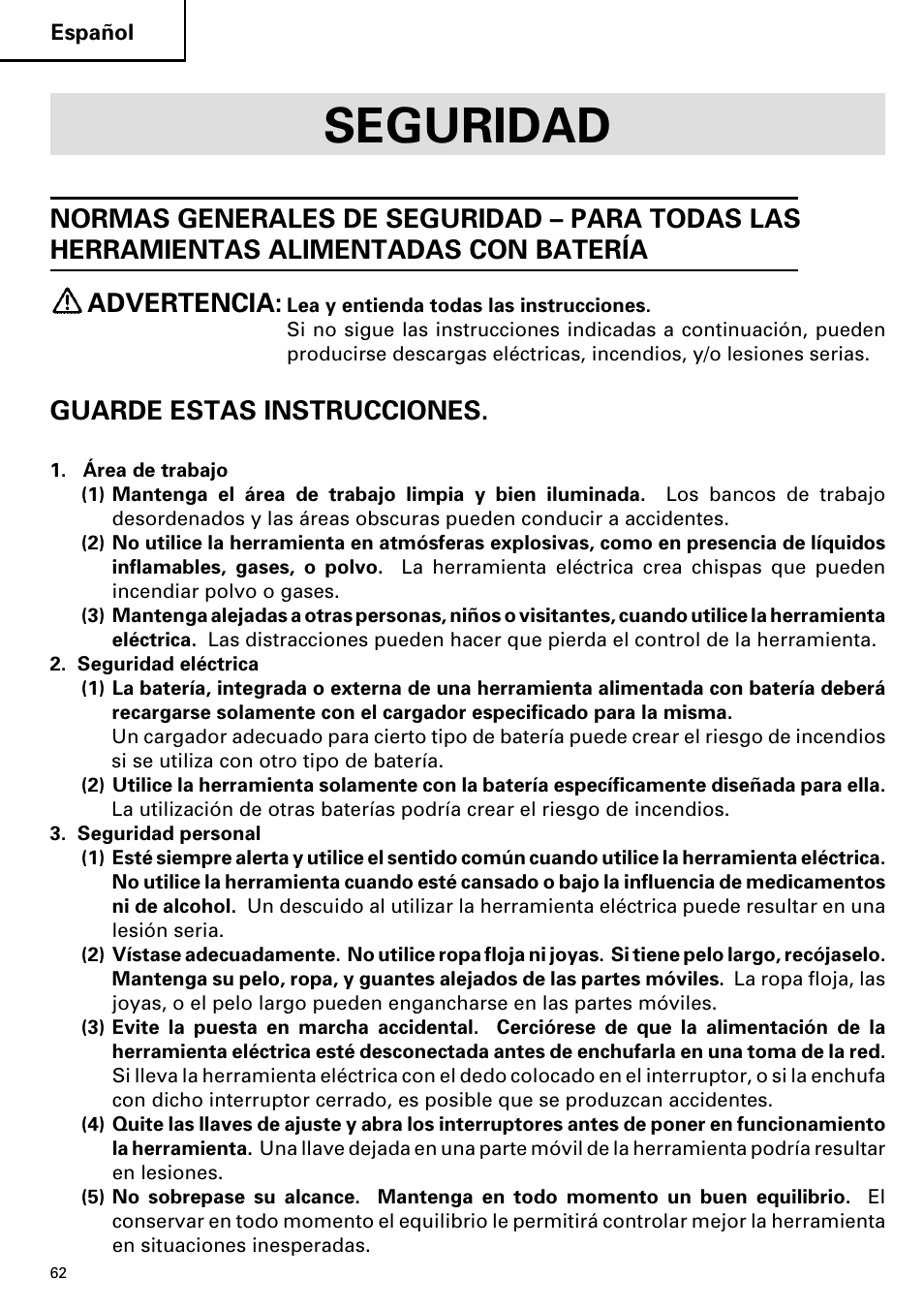 Seguridad, Guarde estas instrucciones | Hitachi C 7D User Manual | Page 62 / 92