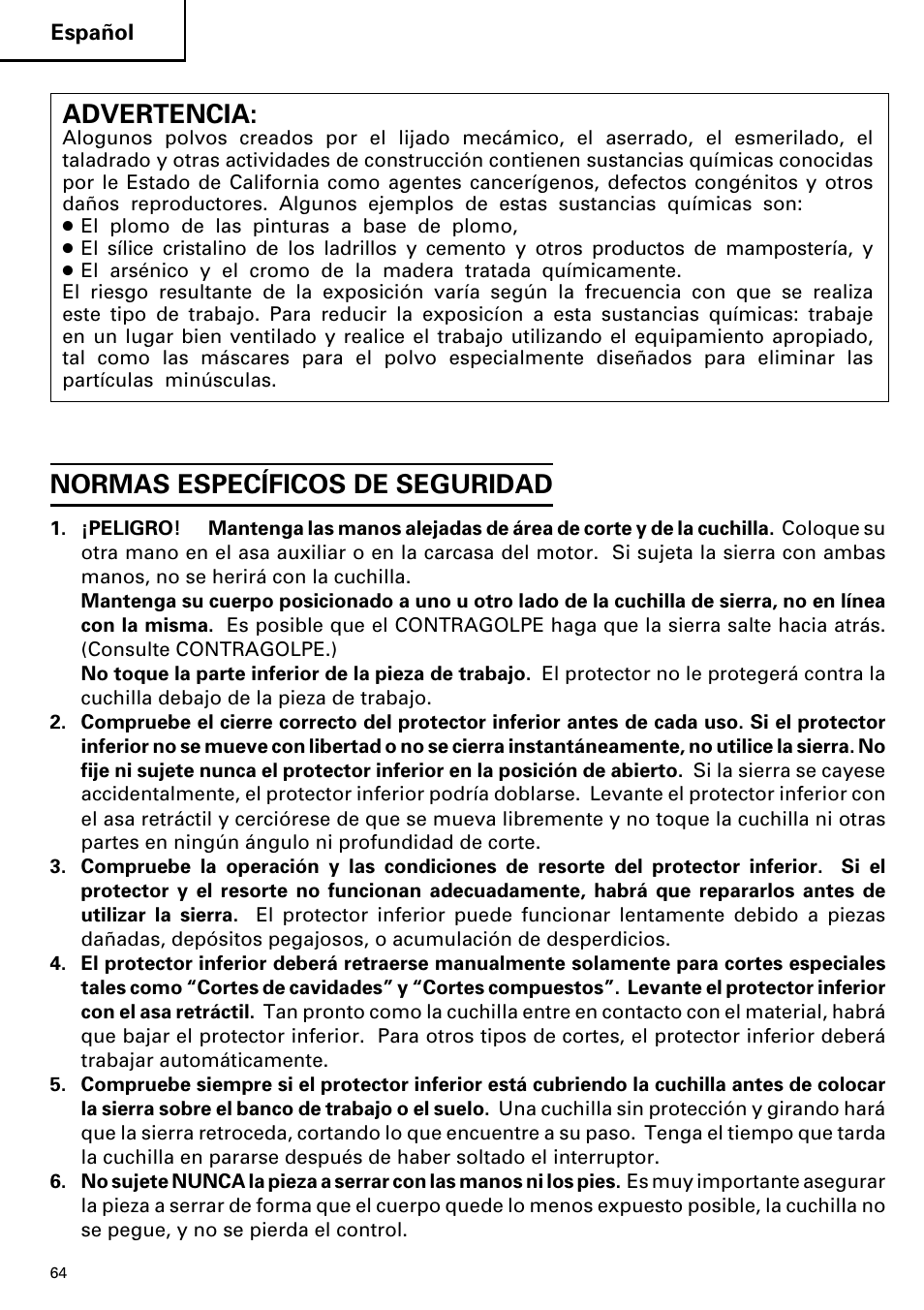 Advertencia, Normas específicos de seguridad | Hitachi C 7D User Manual | Page 64 / 92