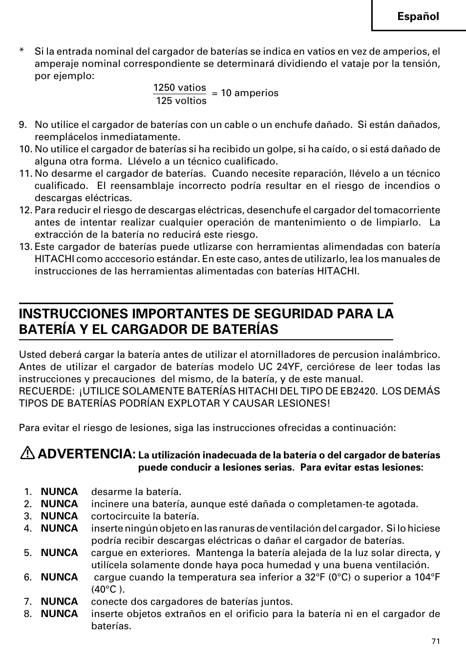 Advertencia | Hitachi C 7D User Manual | Page 71 / 92