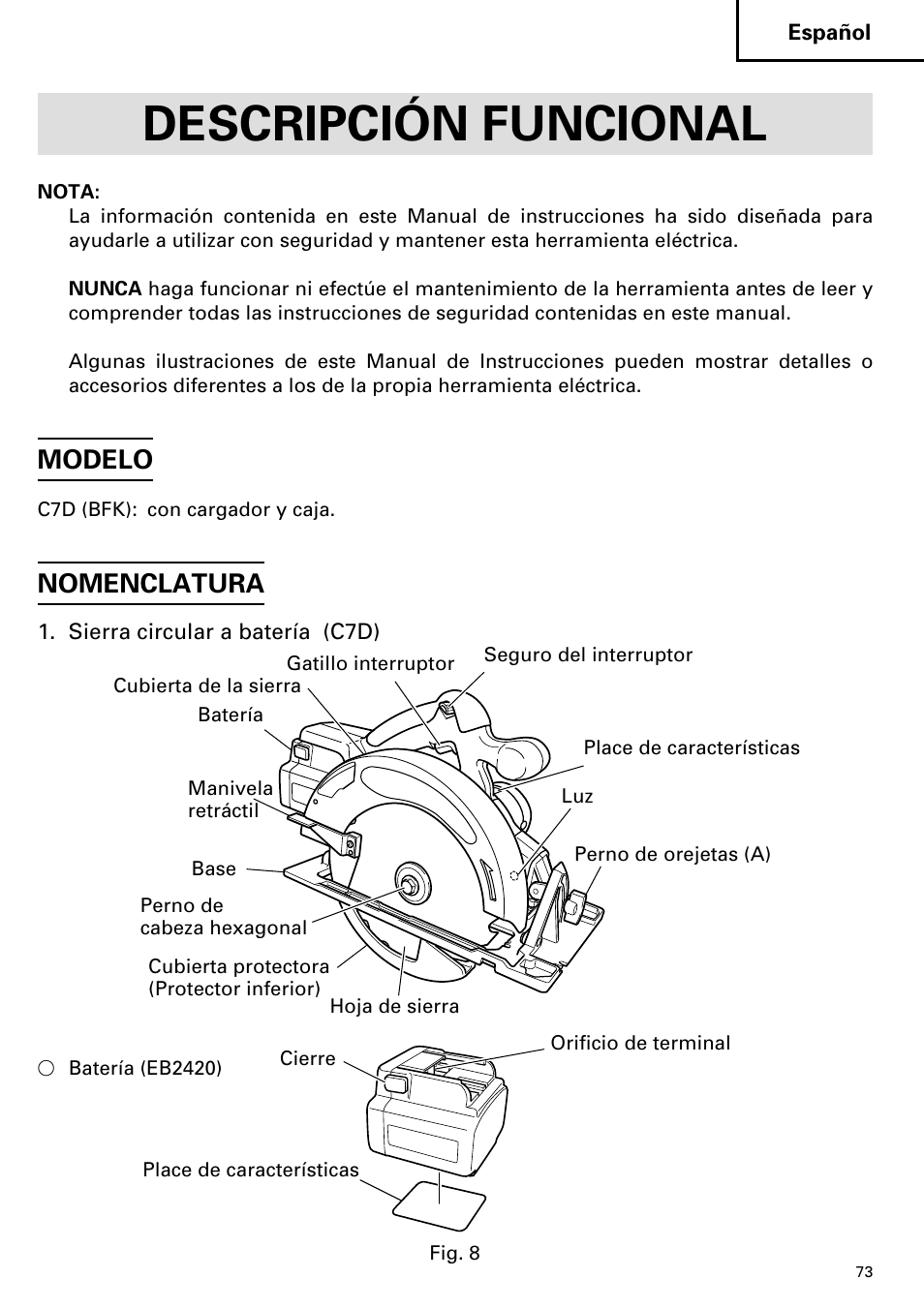 Descripción funcional, Modelo, Nomenclatura | Hitachi C 7D User Manual | Page 73 / 92