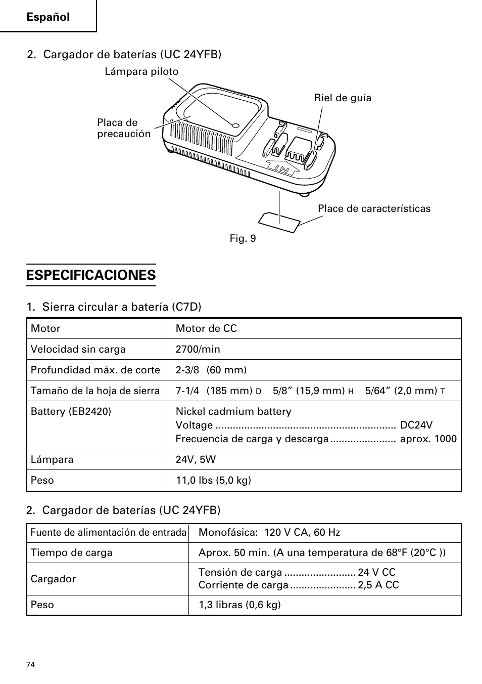 Especificaciones | Hitachi C 7D User Manual | Page 74 / 92