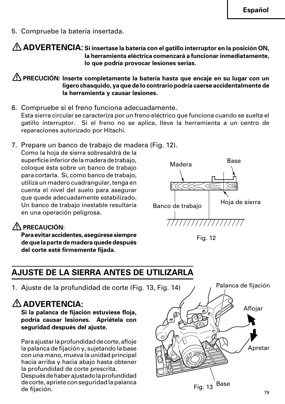 Advertencia, Ajuste de la sierra antes de utilizarla | Hitachi C 7D User Manual | Page 79 / 92