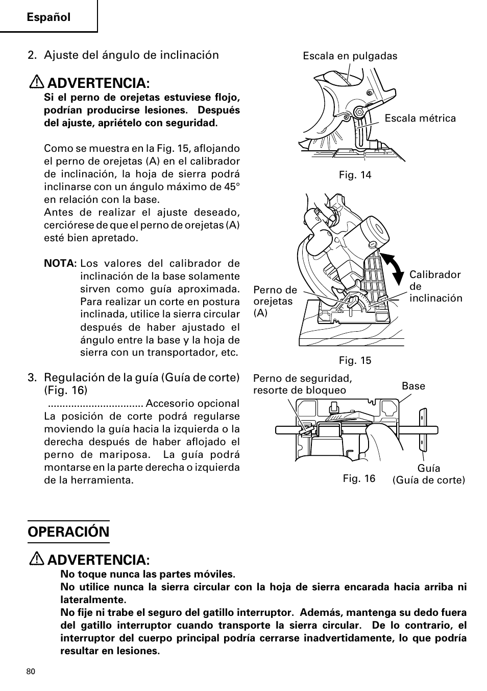 Advertencia, Operación advertencia | Hitachi C 7D User Manual | Page 80 / 92