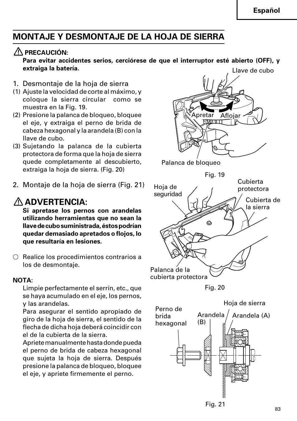 Montaje y desmontaje de la hoja de sierra, Advertencia | Hitachi C 7D User Manual | Page 83 / 92