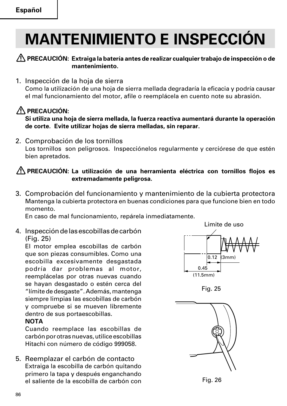 Mantenimiento e inspección | Hitachi C 7D User Manual | Page 86 / 92