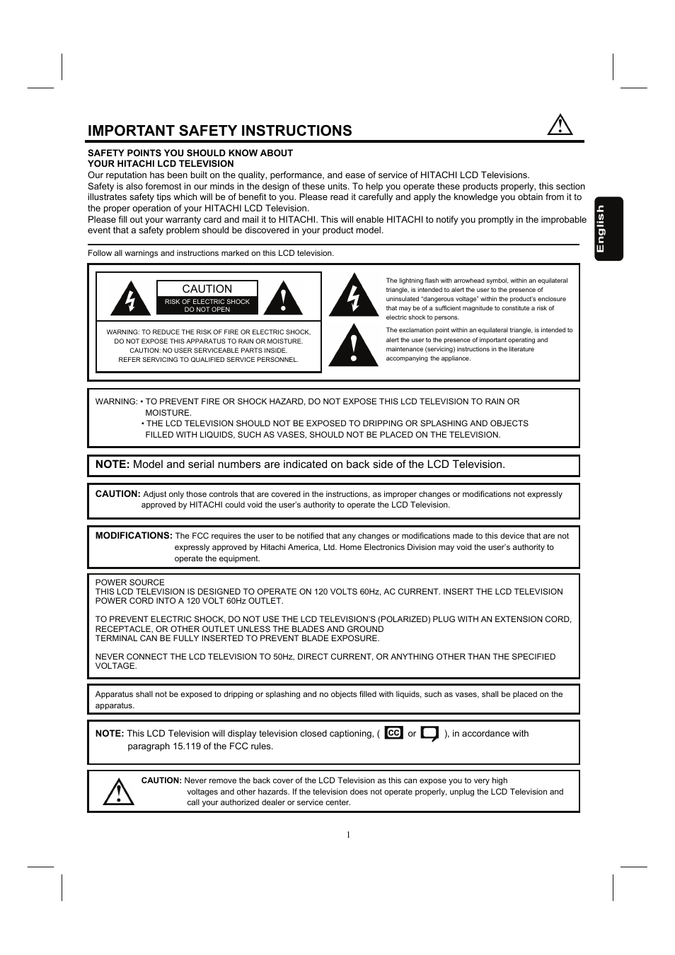 Important safety instructions | Hitachi 26HDL52 User Manual | Page 3 / 52