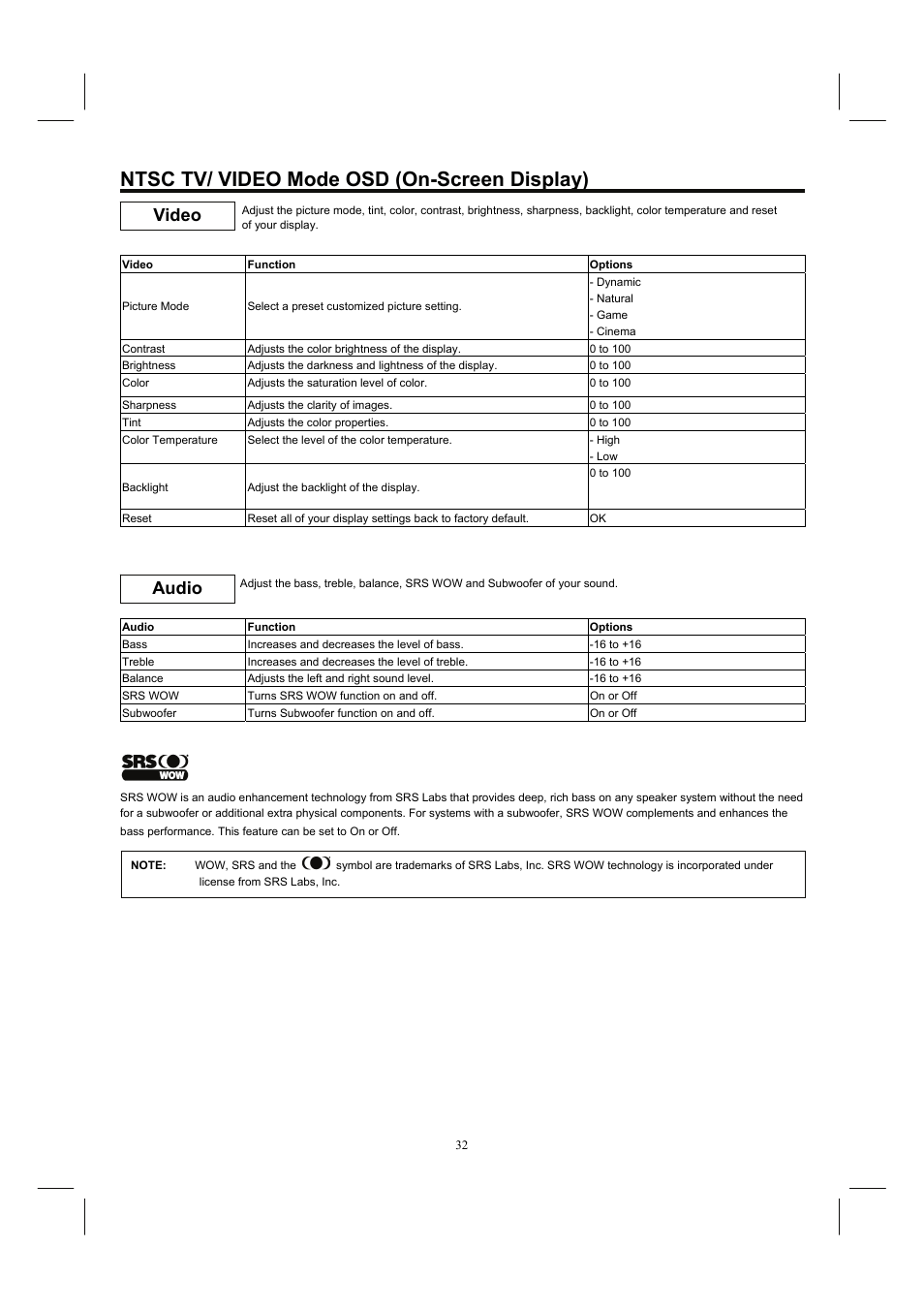 Ntsc tv/ video mode osd (on-screen display), Video audio | Hitachi 26HDL52 User Manual | Page 34 / 52