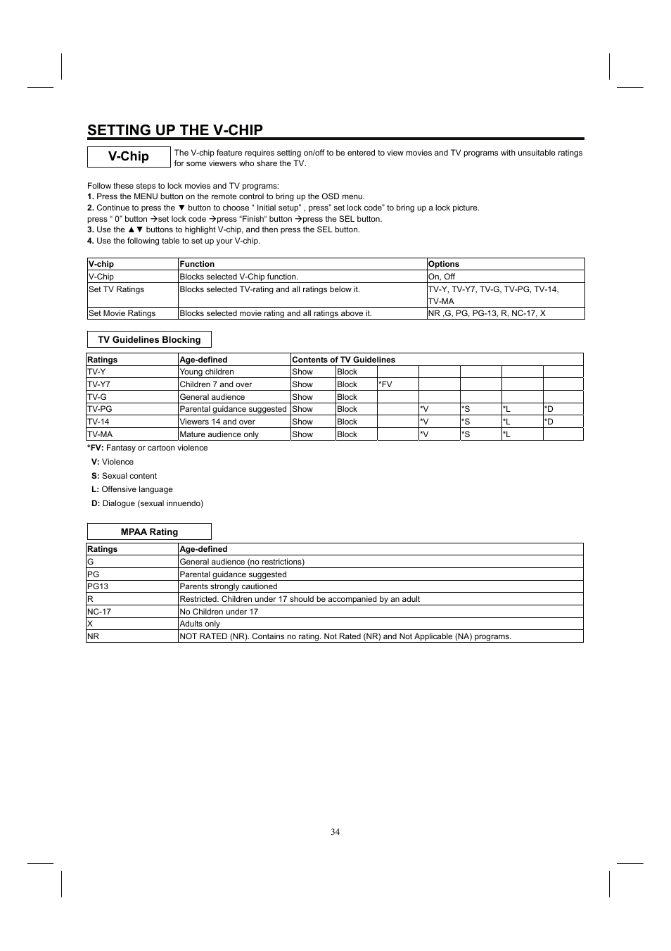 Setting up the v-chip, V-chip | Hitachi 26HDL52 User Manual | Page 36 / 52