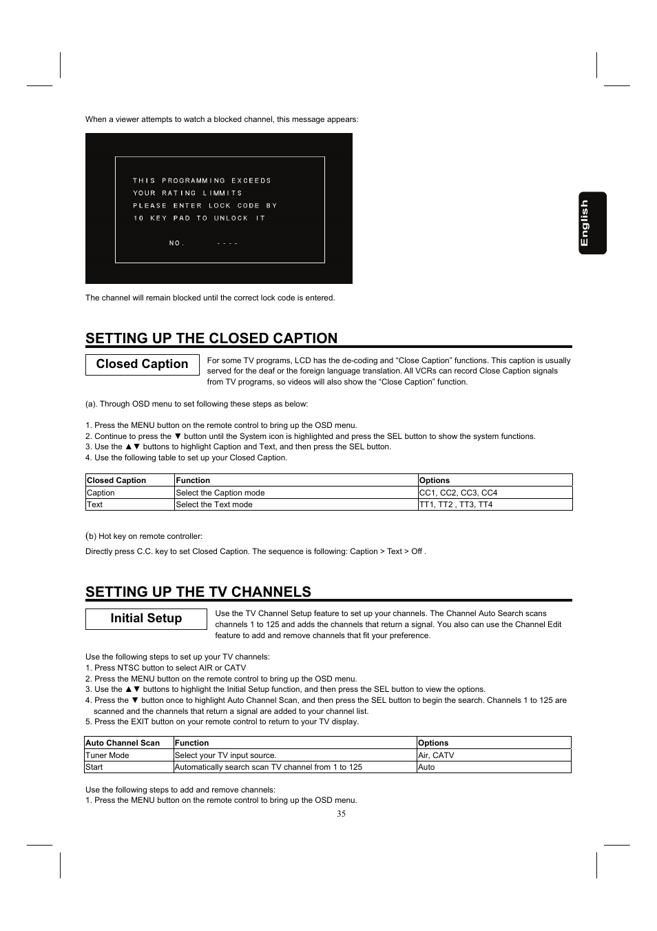 Setting up the closed caption, Setting up the tv channels, Closed caption initial setup | Hitachi 26HDL52 User Manual | Page 37 / 52