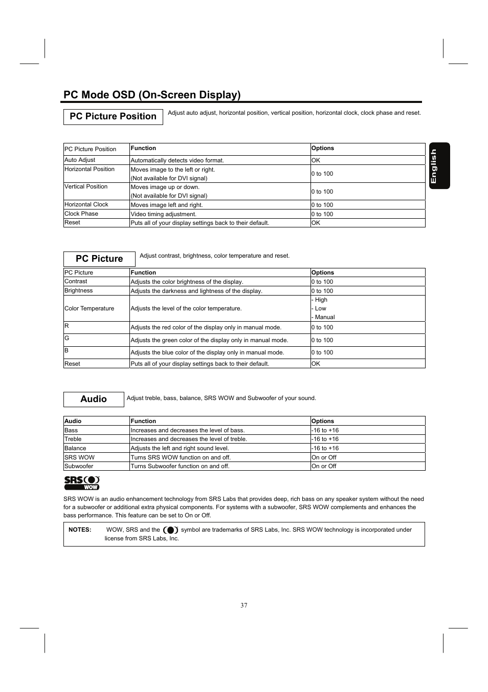 Pc mode osd (on-screen display), Pc picture position pc picture, Audio | Hitachi 26HDL52 User Manual | Page 39 / 52