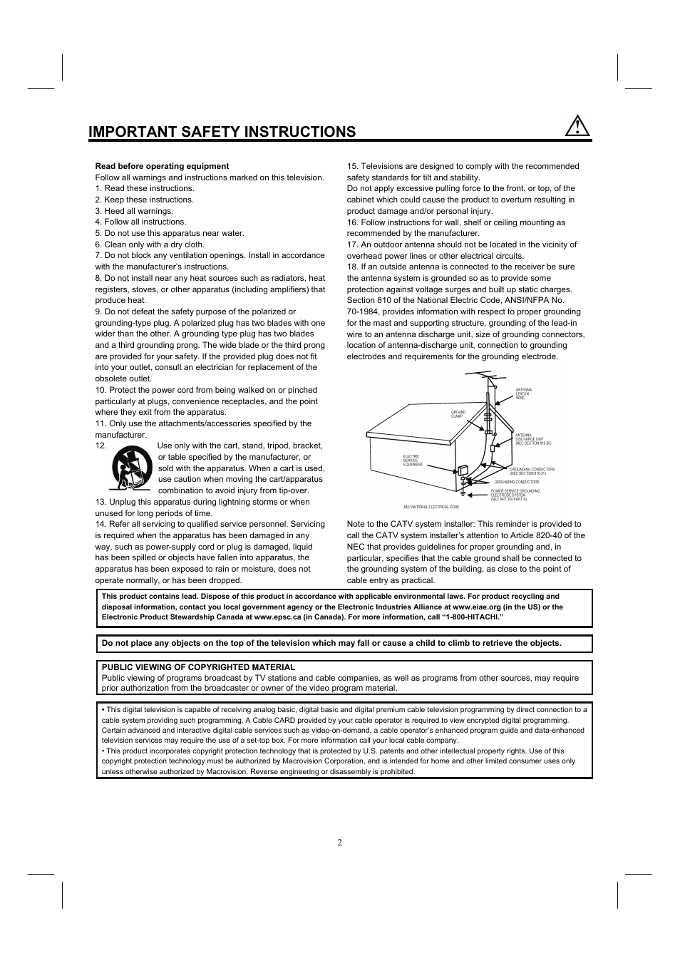 Important safety instructions | Hitachi 26HDL52 User Manual | Page 4 / 52