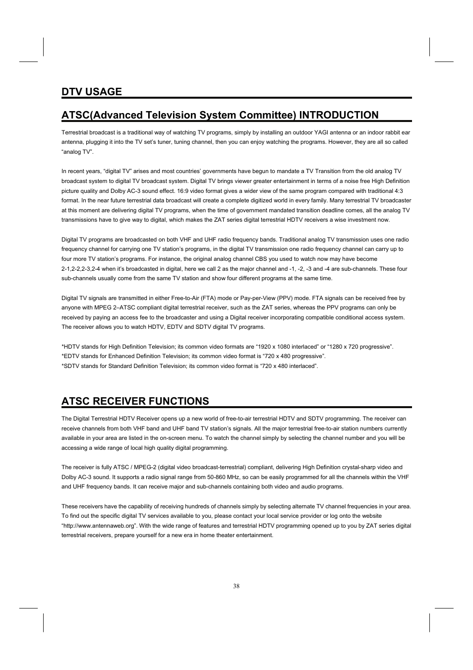 Dtv usage, Atsc receiver functions | Hitachi 26HDL52 User Manual | Page 40 / 52