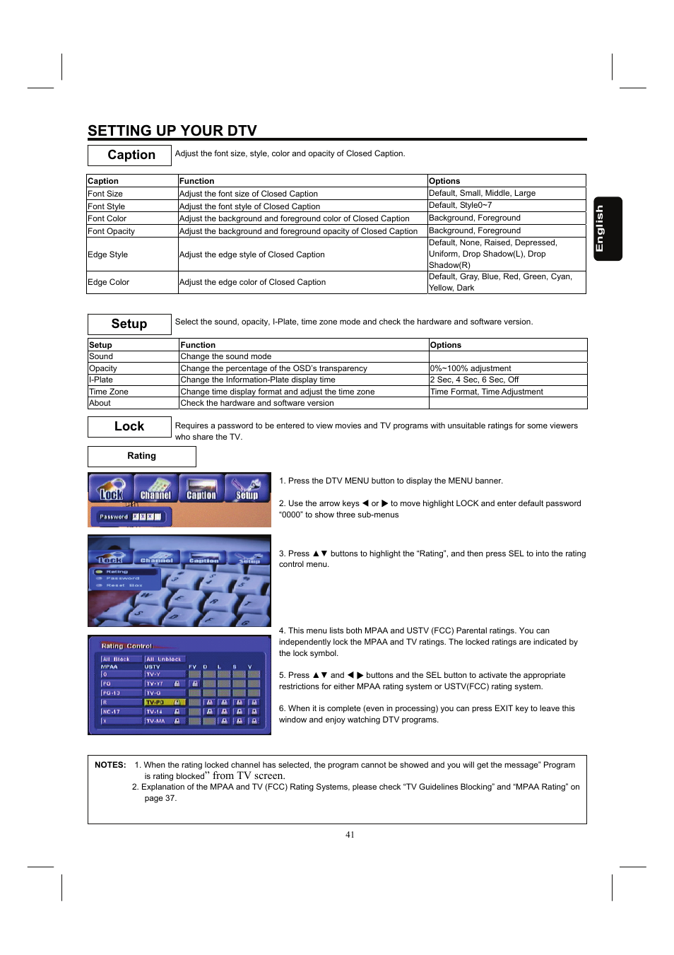 Setting up your dtv, Caption setup lock | Hitachi 26HDL52 User Manual | Page 43 / 52