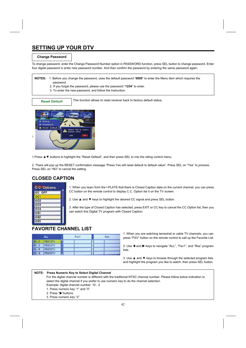 Setting up your dtv, Closed caption, Favorite channel list | Hitachi 26HDL52 User Manual | Page 44 / 52