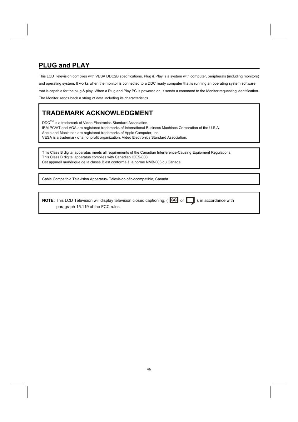 Plug and play, Trademark acknowledgment | Hitachi 26HDL52 User Manual | Page 48 / 52