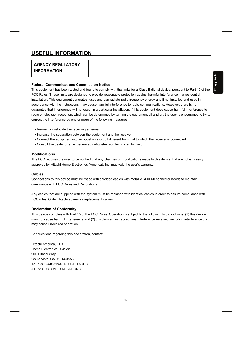 Useful information | Hitachi 26HDL52 User Manual | Page 49 / 52