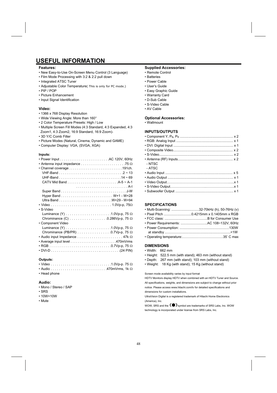 Useful information | Hitachi 26HDL52 User Manual | Page 50 / 52