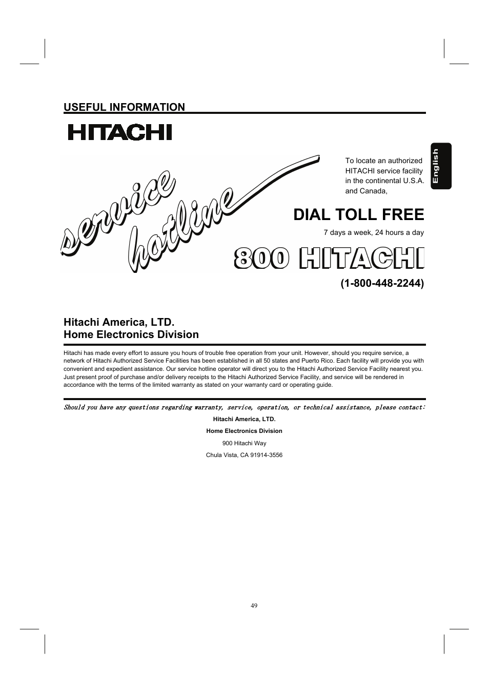 Dial toll free, Useful info rmation, Hitachi america, ltd. home electronics division | Hitachi 26HDL52 User Manual | Page 51 / 52