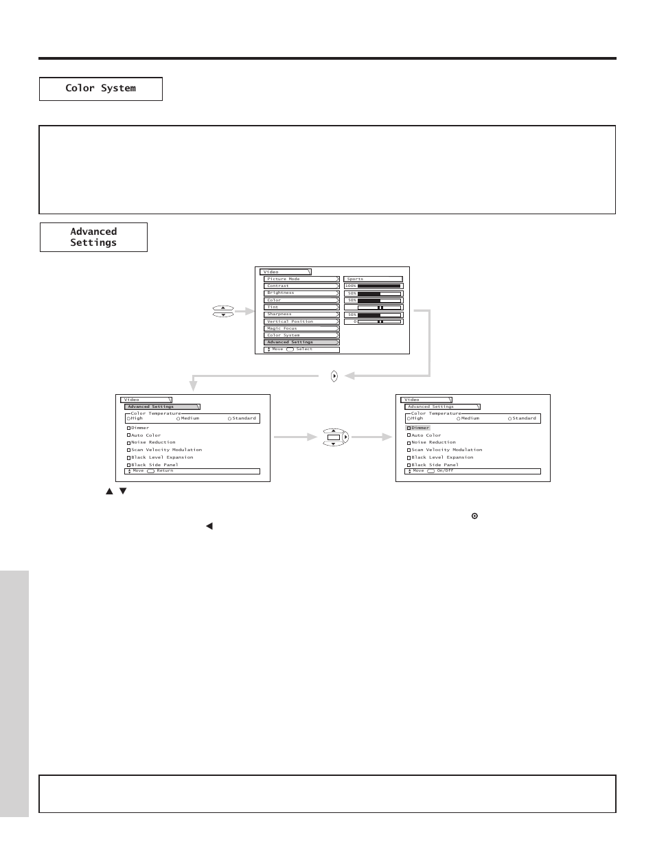 Video, On-screen displa y | Hitachi 51F500A User Manual | Page 38 / 64