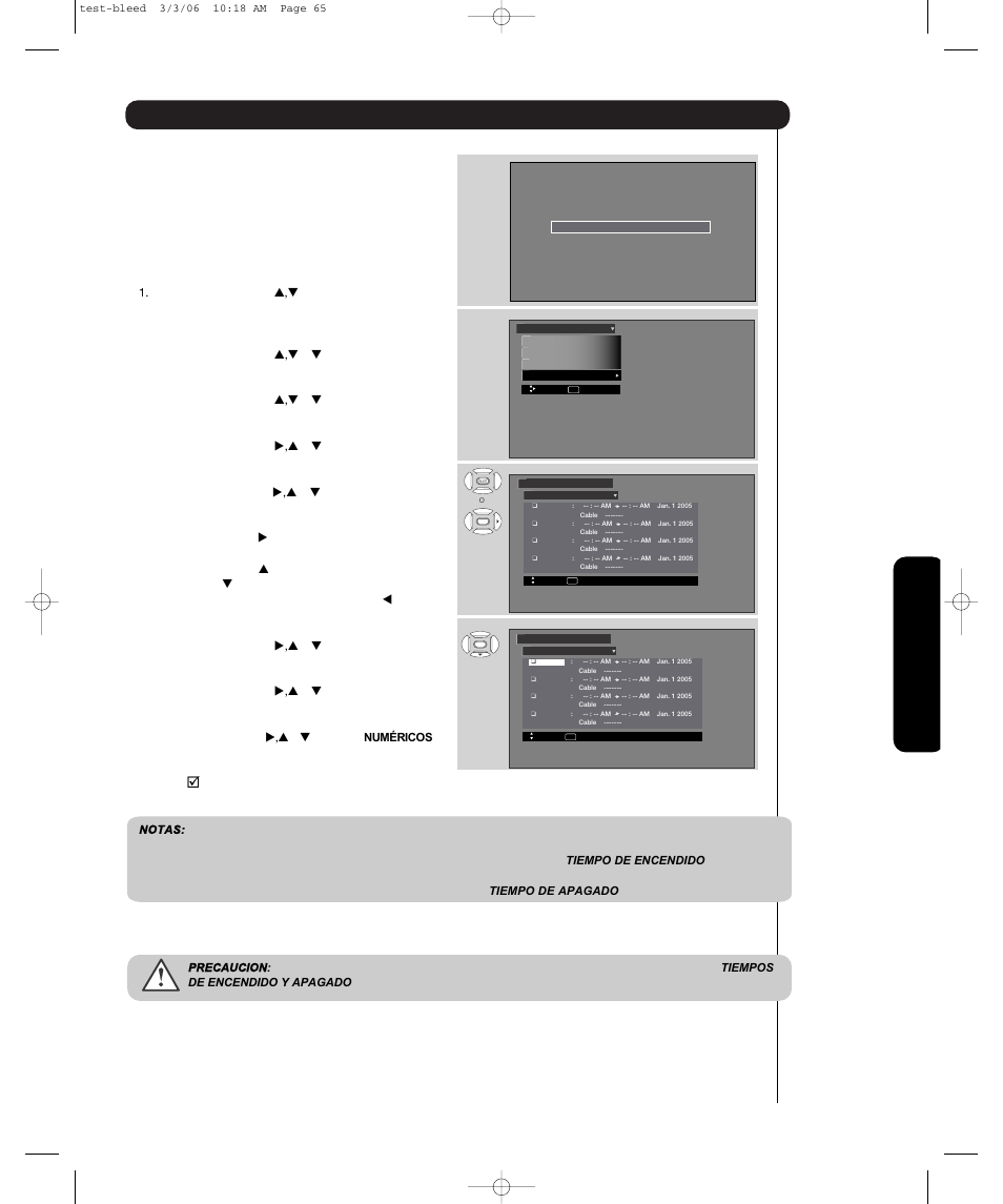 Horarios, Menú en pantalla | Hitachi P55H401 User Manual | Page 113 / 144