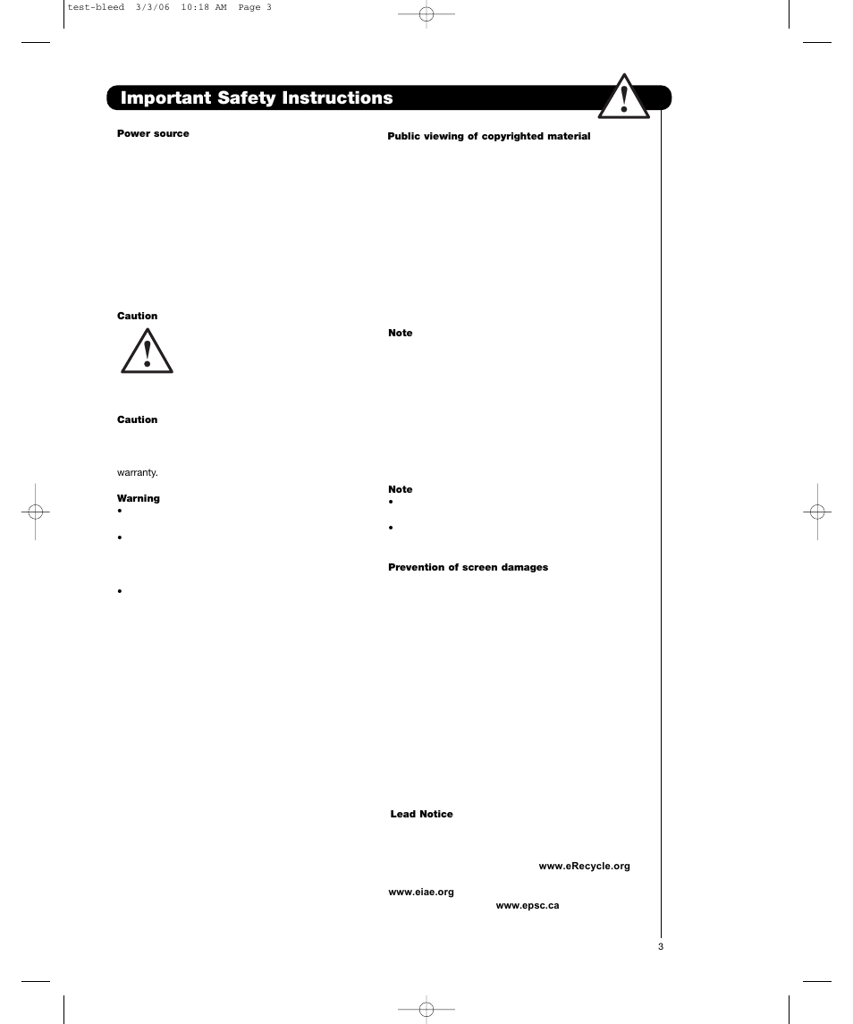 Important safety instructions | Hitachi P55H401 User Manual | Page 3 / 144