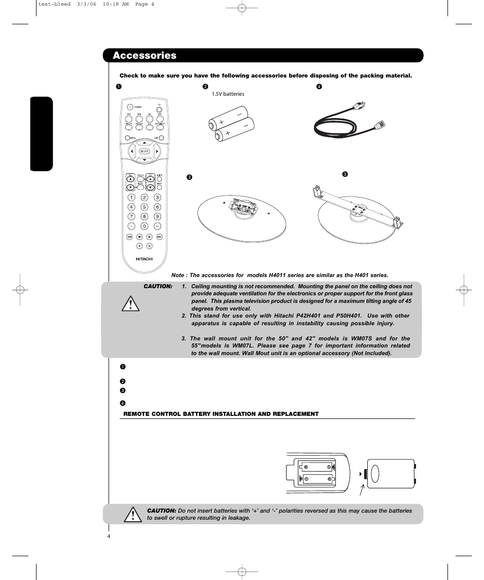 Accessories, First time use | Hitachi P55H401 User Manual | Page 4 / 144