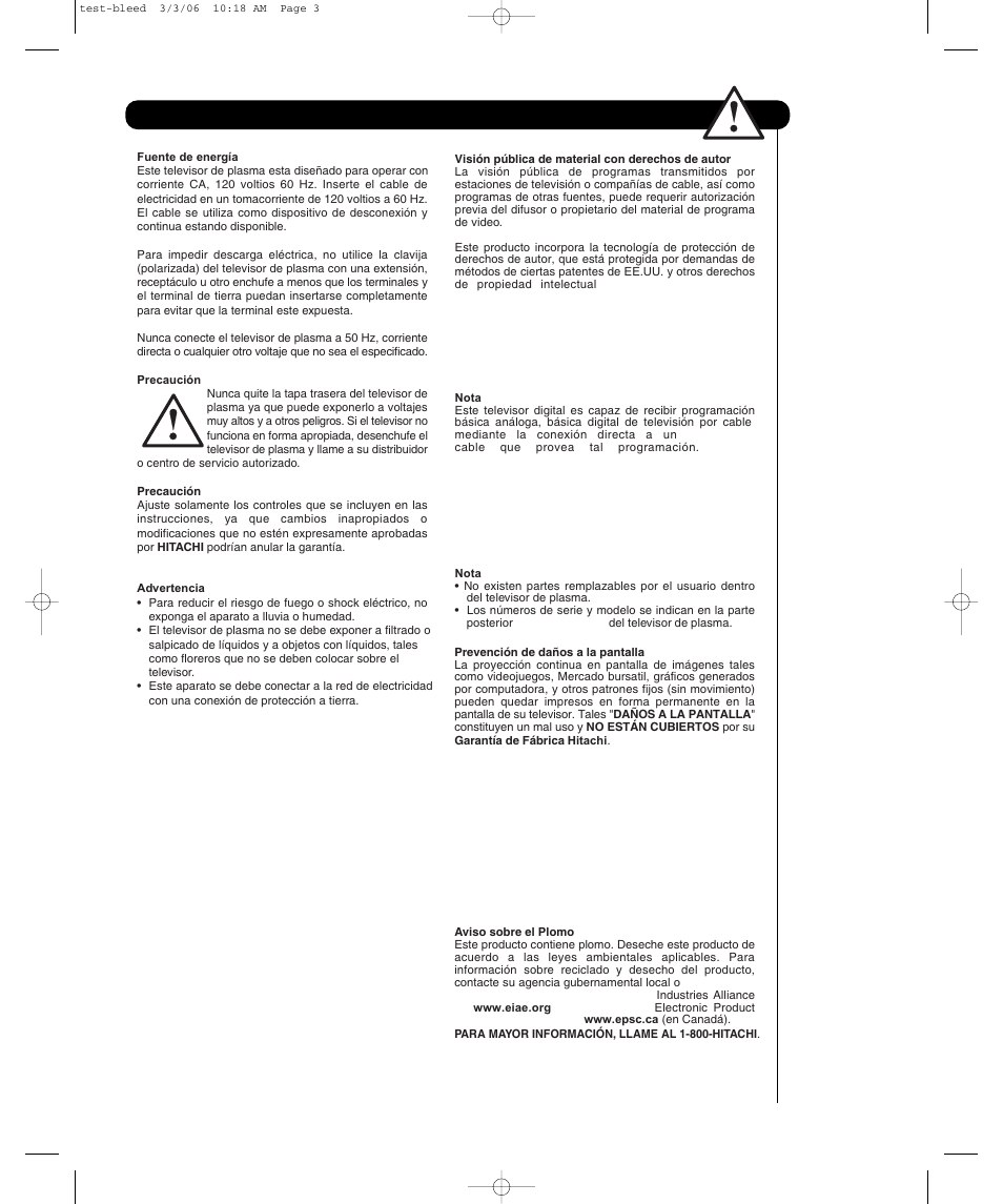 Instrucciones importantes de seguridad | Hitachi P55H401 User Manual | Page 67 / 144