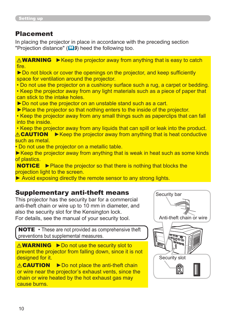 Supplementary anti-theft means, Placement | Hitachi CP-X10000 User Manual | Page 10 / 78