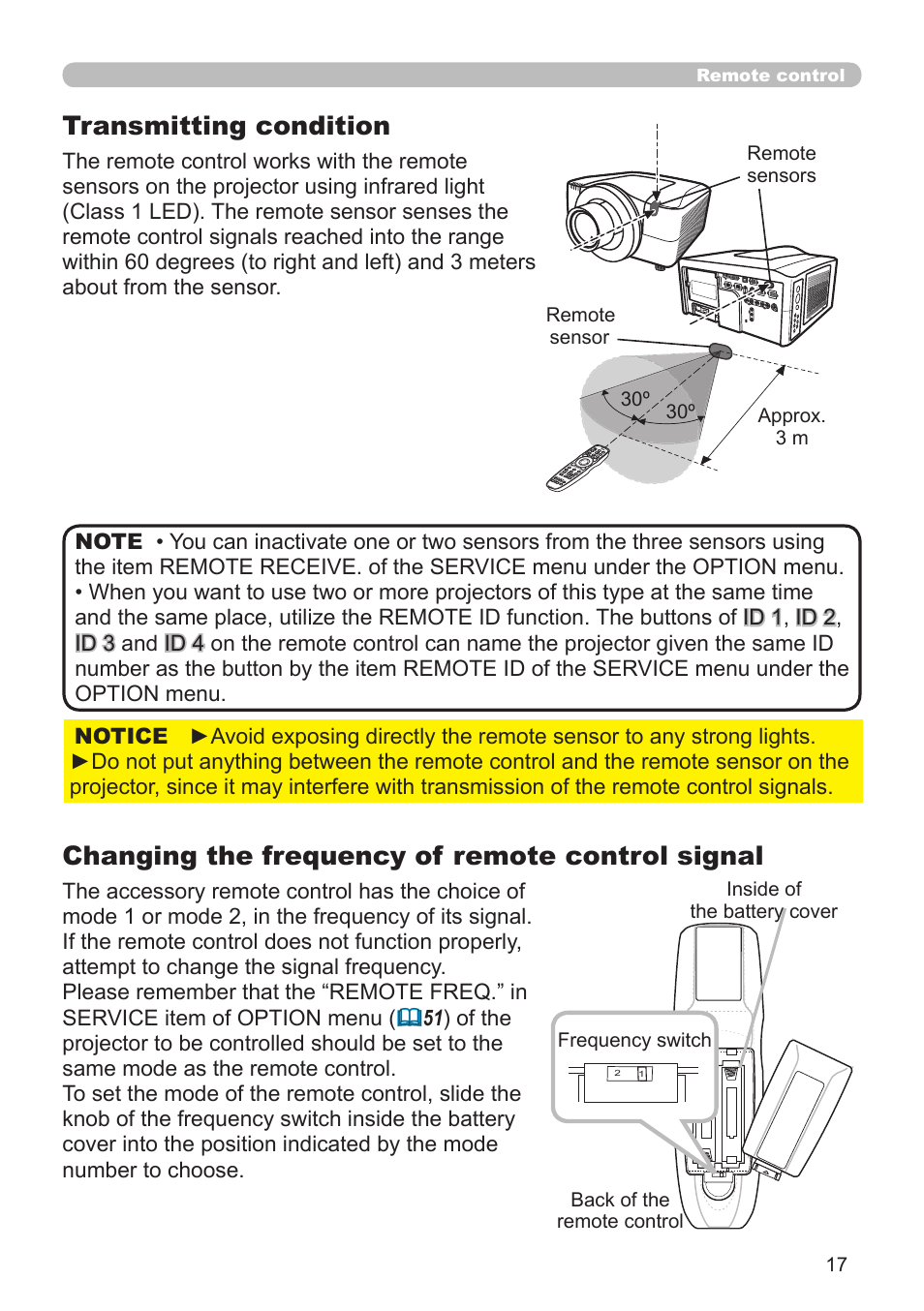 Transmitting condition, Changing the frequency of remote control signal, 30º approx. 3 m remote sensor remote sensors | Hitachi CP-X10000 User Manual | Page 17 / 78