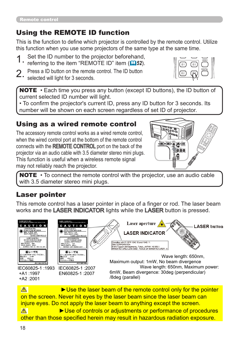 Using as a wired remote control, Laser pointer, Using the remote id function | Remote control | Hitachi CP-X10000 User Manual | Page 18 / 78